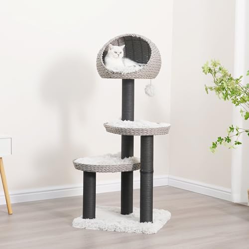 PetPals 4-Level Cat Tree with Recycled Paper Rope Baskets Beds and Removable Washable Curshions,Multi-Level Cat Climbing with Replaceable Paper Rope Scratching Posts (Black and Gray) - color: Black and Gray