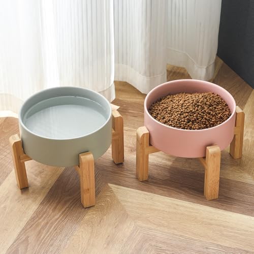 8'' Ceramic Raised Dog Bowl - 70Oz Dog Food & Water Bowl with Elevated Non-Slip Bamboo Stand, Dishwasher & Microwave Safe, Anti Vomiting Heavy Duty Pet Bowl for Medium and Large Dogs, Grey - color: 1 x Bowl + Stand - Grey, size: 8 inch