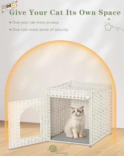 SETVSON Cat Litter Box Enclosure Furniture, Hidden Litter Box with Mat and Fence, Handwoven Rattan Cat House with Two S-Shaped Hooks for Living Room, Bedroom, 18.5 x 20.5 x 19.1 Inches (White - color: White, size: Standard