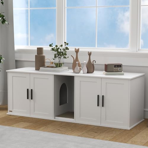 PawHut Cat Litter Box Enclosure for 2 Cats, Hidden Litter Box Furniture with Double Room, Scratching Mat, Kitty Washroom Furniture, 57" x 19" x 20", White