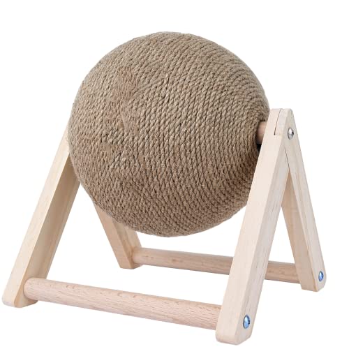 BATTIPAW Cat Scratcher, Rabbit Scratching Ball, Natural Sisal Scratcher, Spinning Cat Ball, Solid Wood Scratching Toy for Cats & Kittens, Indoor Interactive Pet Toy (Burlywood)