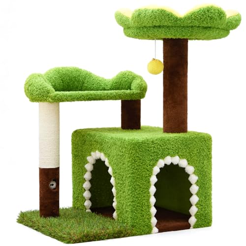 WOOCHPET Flower Cat Tree with Cat Condo for Indoor Cats, 29" Cat Tower with Sisal Scratching Post and Top Perch, 3-in-1 Multi-Level Cat Tower for Small Cats and Kittens