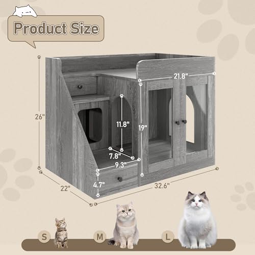 Merax Cat Litter Box Enclosure Furniture with Light,Hideaway Litter Box Furniture with 2 Storage Drawers for Living Room,Gray - color: Grey