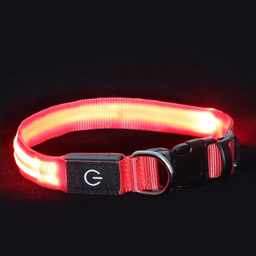 Neon LED Light Up Dog Collar for Night Walking, Rechargeable Safety Glow Illuminated Collar with 3 Modes Flashing, Reflective Adjustable Pet Light for Small/Medium Dogs Puppy 15-19" Neck (Red) - color: 1-Pack(Red)&Medium
