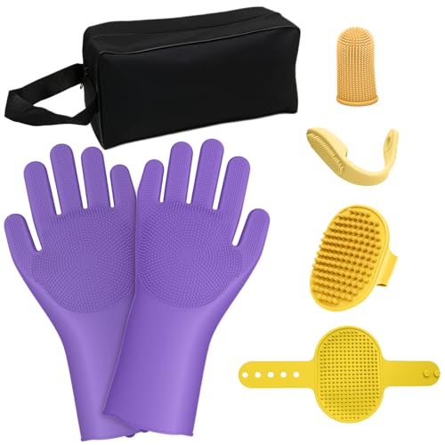 7PCS Dog Bath Brush | Pet Grooming Gloves | Storage Bag | Soothing Massage Rubber Comb with Adjustable Ring Handle | Pet Bathing For Dogs and Cats (Lavender Purple) - color: Lavender Purple