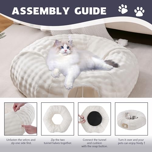 Bubble Cat Tunnel for Indoor Cats, Round Peekaboo Cave Toy with Dangling Balls, Donut Tunnel Bed with Circle Mat for Puppy Kitten Rabbit, Cream White - color: Cream White