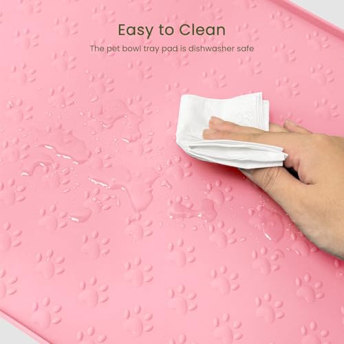 PWTAA Dog Food Mat Anti-Slip Silicone Dog Bowl Mat Thicker Pet Placemat Waterproof Cat Feeder Pad with Raised Edge Puppy Kitten Feeding Mats Suitable Small Medium-Sized Dogs Cats Eating Tray - color: Pink, size: 25.6" x 13"