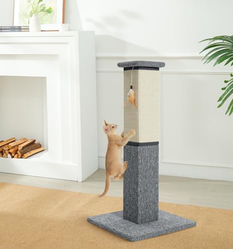 Made4Pets Cat Scratching Post, 32 Inch Natural Sisal & Carpet Covered Cat Scratcher with Kitten Toy, Dual-Material Tall Scratching Post for Indoor Cats Adults and Kittens, Beige - color: Grey-Sisal & Carpet