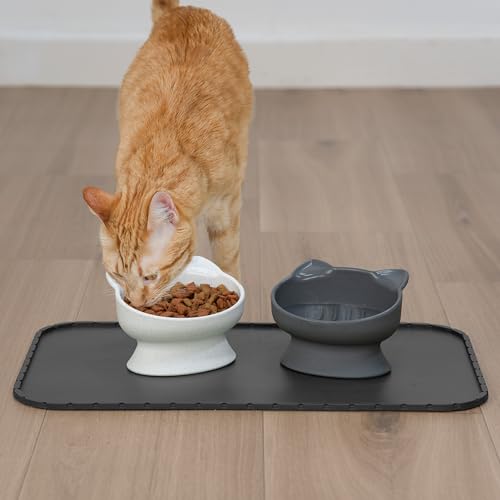 Kitty City Elevated Slow Feeder Cat Bowls (Set of 2), Whisker-Friendly Raised Cat Food Dishes with Ridges, Helps Reduce Fast Eating & Digestion Issues, Dishwasher Safe, 6.5 oz – White & Gray - color: White & Gray, style: Small - Slow Eat