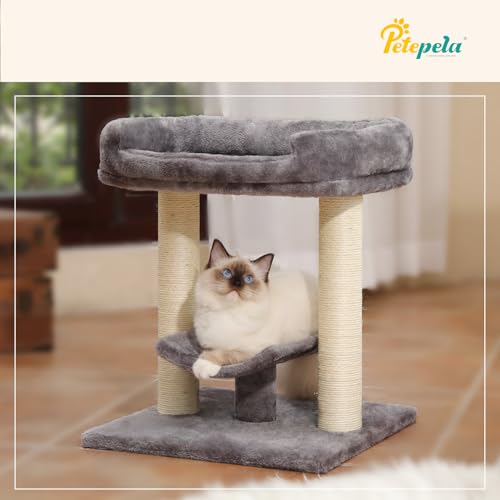 PETEPELA 19" Scratching Post, Cat Tree Tower, 100% Natural Sisal Scratcher With Large Plush Top Perch Bed, Cozy Platform for Kittens and Cats - color: Classic Grey
