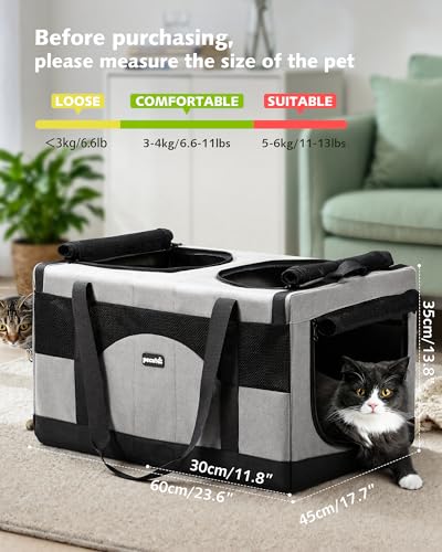 Pecute Dual Compartment Pet Carrier for Multi-Cat Families & Small Dog Owners, Collapsible Dog Crate with Reinforced Steel Frame, Car Safety Design for Travel, Vet Visits & Home Use, Gray - color: Grey