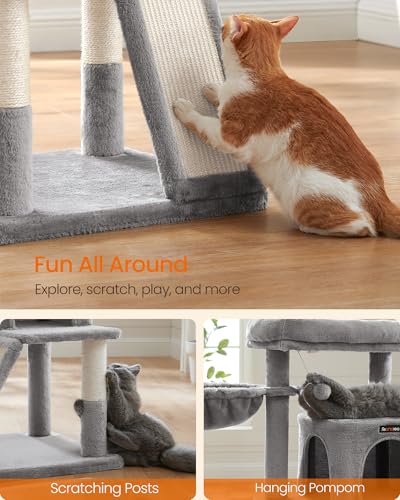 Feandrea Cat Tree, 37.8-Inch Cat Tower, Multi-Level Condo with Widened Perch, Scratching Posts and Ramp, 2-Door Cave, Hammock, Light Gray UPCT51W - color: Light Gray