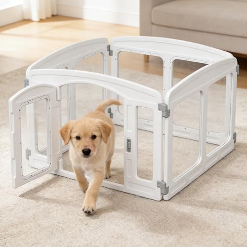 Clear Acrylic Dog Playpen Indoor, Height 24 inch, 4 Panels for Small and Puppy Dogs, White - color: White