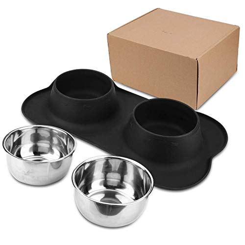 Dog Food Bowls Stainless Steel Pet Bowls & Dog Water Bowls No Spill Non Skid, Feeding Bowls with Dog Bowls Silicone Mat for Small Medium Large Size Dogs, Cat Pet Dog Dishes Set, Black, 3 Cup - color: Black, size: 3 Cup/27 oz each