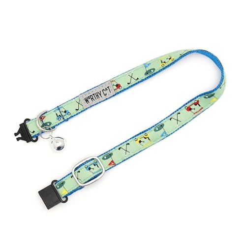 THE WORTHY DOG Golf Cat Collar with Bell, Adjustable Nylon Safety Collar, Green, One Size - color: Green-Golf