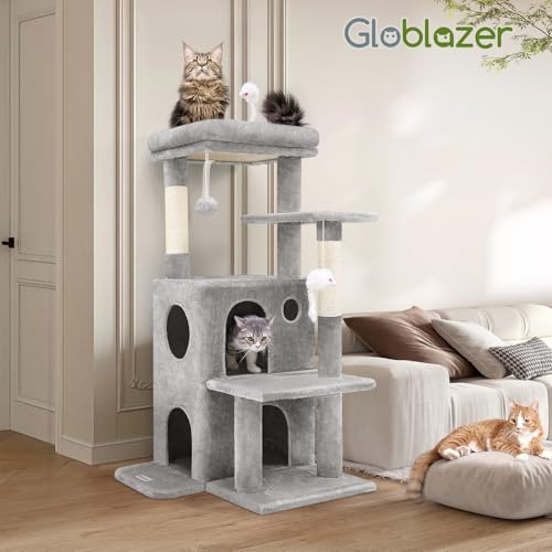 Globlazer Cat Tree Tower for Indoor Cats, 50-inch Adult Cat Tree House for Large Adult Cats with Steps, Scratching Post, 2 Cat Caves, Dangling Toys, FC50, Light Grey - color: Light Grey