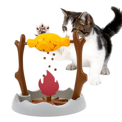Cat Puzzle Toy - Cat Treat Dispensing Slow Feeder with 3 Dispensing Holes, Rotatable Roast and Flame Interactive Cat Treat Dispenser Toy, Enrichment Interactive Stimulation Toy for Indoor Kitty