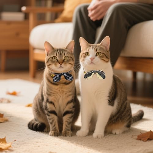 KOOLTAIL Cat Collar Breakaway with Bowtie and Bells, 2 Pack Cute Kitten Collars for Boys & Girls, Classic Plaid Design with Safety Buckle Adjustable for Small Large Cats Puppy,Black & Beige - color: Beige & Black Plaid