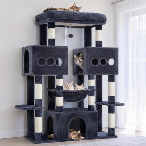 Hey-brother Cat Tree Tower, Large Sisal Scratching Posts with Big Platform, 3 Spacious Condos, Plush Hammock, Toy, 57.5 Inches Multi-Level Furniture for Indoor Adults Maine Coon, Smoky Gray MPJ083G - color: Smoky Gray