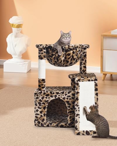 SYANDLVY Leopard Print Cat Tree for Indoor Cats, Small Cat Tower with Scratching Post & Board, Modern Activity House Condo with Cradle, Hanging Ball for Play, Kittens Cave - color: Leopard Print