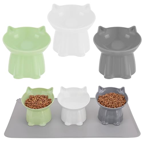 3 Pcs Elevated Cat Bowls 15°Raised Cat Food Bowl with Silicone Mat Whisker Friendly Anti Vomiting Cats Dishes Pet Food and Water Bowls for Indoor Cats Kittens Classic 3 Colors - color: Green, Grey, White