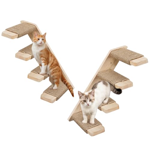 HOOBRO Cat Wall Shelves Set of 2, Wood Wall Mounted 4-Level Cat Wall Steps, Cat Wall Climber Furniture, Cat Climbing Shelves with Jute Scratching Steps, for Cat Perches and Platforms, Nature NL42CS03
