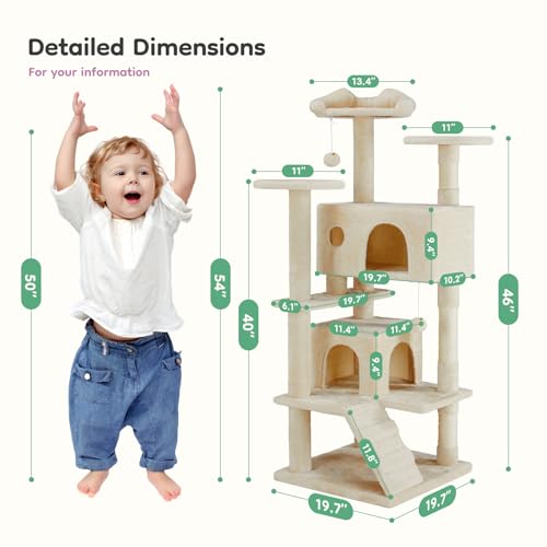 Cat Tree Tower, 54-Inch Cat Tree for Indoor Cats, Multi-Level Furniture Activity Center Cat Tower with Scratching Post, Beige