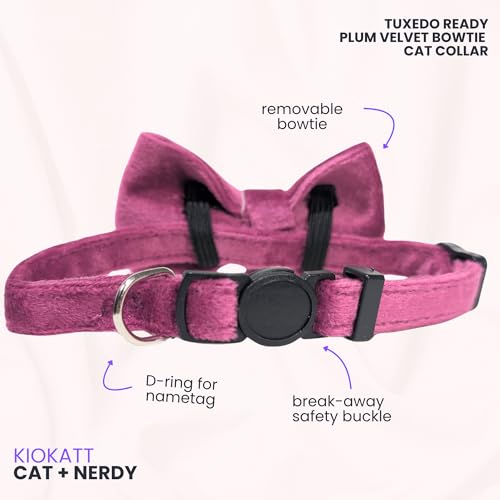 Velvet Bowtie Cat Collar with Bell – Adjustable Breakaway Purple Cat Collar for Adult Cats (7–11 in) - color: Purple