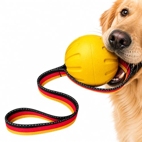 Indestructible Dog Ball with Strap, Heavy Duty Rubber Tug Toy for Aggressive Chewers, Floating Fetch Toy for Medium & Large Dogs(Large) - size: Large