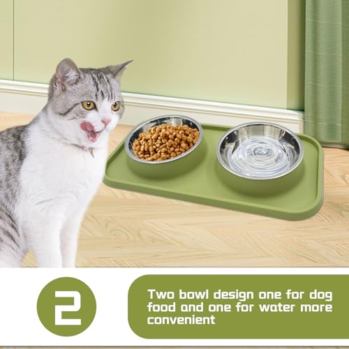 Double Dog Food Bowls Stainless Steel with No Spill Non Skid Silicone Mat Removable Dog Water and Food Bowls Set Durable Feeding for Small Dogs Puppy Cat Kitten(Green) - color: 【Green】