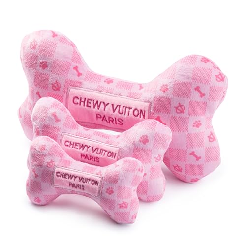 Haute Diggity Dog Chewy Vuiton Bone Plush Squeaky Dog Toy, Soft Durable Designer-Inspired Stuffed Puppy Chew Toys for Small & Medium Dogs, Machine-Washable (Pink Checker) Large - color: Pink Checker Bone, size: Large