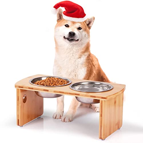 Elevated Dog Bowls, Bamboo Raised Dog Bowl for Medium Dogs, with 2 Stainless Steel Bowls (7'' Tall-40 oz Bowl) - color: Natural, size: Medium: 7'' Tall-40oz Bowl