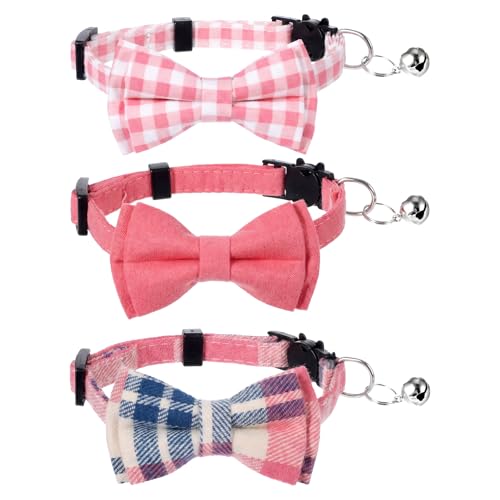 3pcs Bow Tie Cat Collar with Bells, Breakaway Bowtie Plaid Cat Collar, Soft Adjustable Bow Cats Collars for Kitten Puppy and Small Pets - color: pink