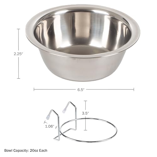 Set of 2 Stainless-Steel Dog Bowls - Cage, Kennel, and Crate Hanging Pet Bowls for Food and Water - 20oz Each and Dishwasher Safe by PETMAKER,Silver - size: 20 oz