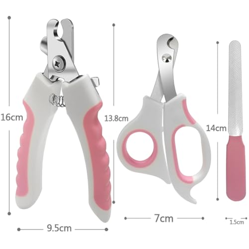 Pet Nail Clippers and Trimmers Set Safety Guard to Avoid Over Cutting Razor Sharp Blades Grooming Tool for All Small Large Dog Cat (Pink) - color: Pink