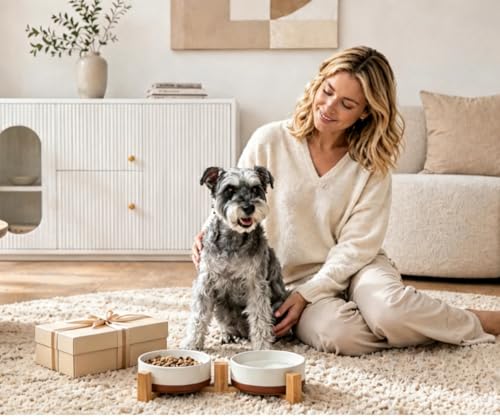 MALACASA Ceramic Dog Bowls Set with Wood Stand, 3.5 Cups Pet Bowls for Medium Dogs with Non-Slip Base, Large Puppies, Cats, Retrievers, ect.Pet Food & Water Basic Bowls Set, Weighted Glaze Matte.34 OZ - color: Vanilla White(2 PCS with Stand), size: M-3.5