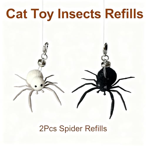 2Pcs Cat Toy Spider Refills – White & Black Heads with Bell/Lobster Claw, Feather Wand Replacement for Kitten Interactive Play