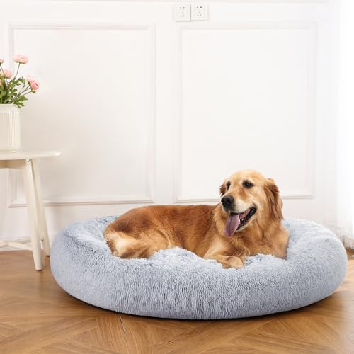 Amazon Basics Washable Donut Pet Bolster Faux Fur Bed with Removable Cover, Anti-Slip Bottom for Dog, Grey, 45" x 45" - color: Grey, size: 45" x 45"