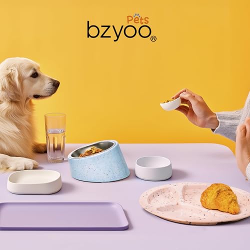 bzyoo 16oz Tilted Dog Bowl for Small Dogs & Cats, 15° Elevated Stainless Steel Pet Feeder, Ergonomic Anti-Vomiting Food Bowl for Frenchie, Pug, Persian Cat, Non-Skid Melamine Stand, Sprinkle (White) - color: White