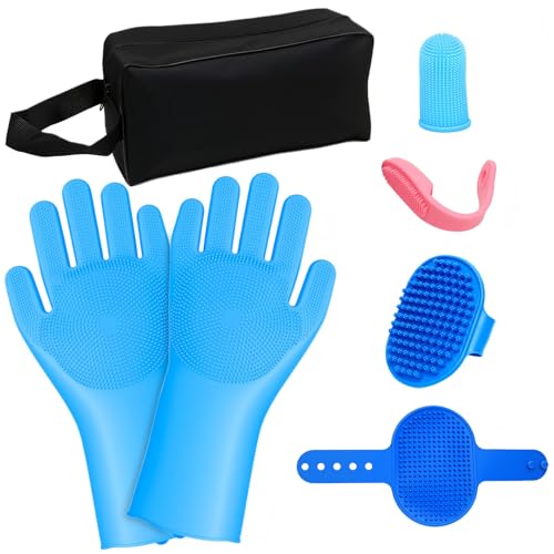 7 Pcs Bathing Kit with Storage Bag for Dogs & Cats Includes Pet Grooming Gloves, Dog Bath Brush & Finger Toothbrush All-in-One Pet Care (Ocean Blue) - color: Ocean Blue