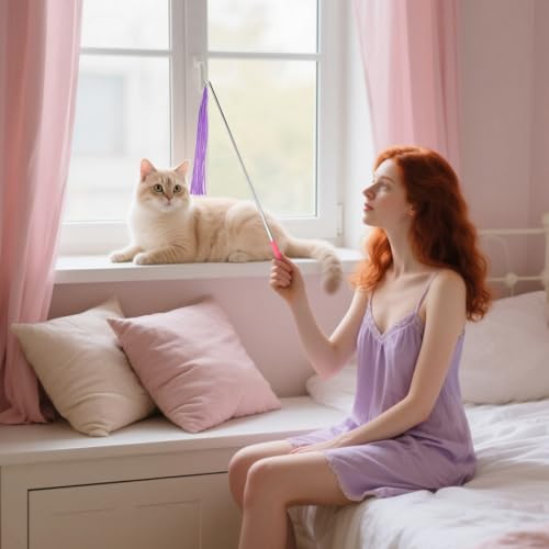 Andiker 5Pcs Retractable Cat Wand Toy, Cats Toy Set Contains 1 Feather Teaser & 3 Replaceable Tassels with Bell Stimulate Cats Hunting and Chasing Instincts Interactive Cat Toys (Orange) - color: Orange
