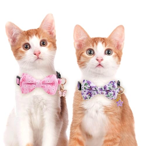 2 Pack Cotton Cat Collar with Bow Tie and Bell for Girl Boy Cats,Cute Pink Flamingo and Blue Whale Pattern Spring Summer Breakaway Cat Collar for Male Female Cats (Butterfly&Violet) - color: Butterfly&Violet