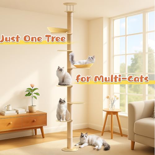 Solid Real Wood Floor to Ceiling Cat Tree, 7 Level Adjustable Height (105"-122"), Modern Climbing Tower with Thickened Wooden Sisal Scratching Posts & Cozy Bed for Indoor Cats Large Adult - size: 7 Level | 105-122 in