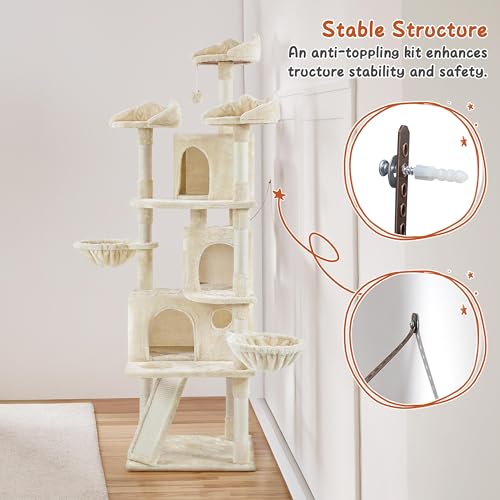 Yaheetech 76.5in Multi-Level Large Cat Tree, Big Cat Tower with 3 Condos, Cozy Plush Perches, 9 Sisal Scratching Posts and Ladder, Activity Center for Large Kitties, Beige - color: Beige