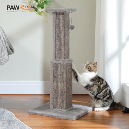 PAWZ Road Large Cat Scratching Post 32” Tall Scratching Post for Indoor Cats Adults Ultimate Scratch Post with Woven Sisal, Large Base and Removable Dangling Ball- Grey - color: Grey