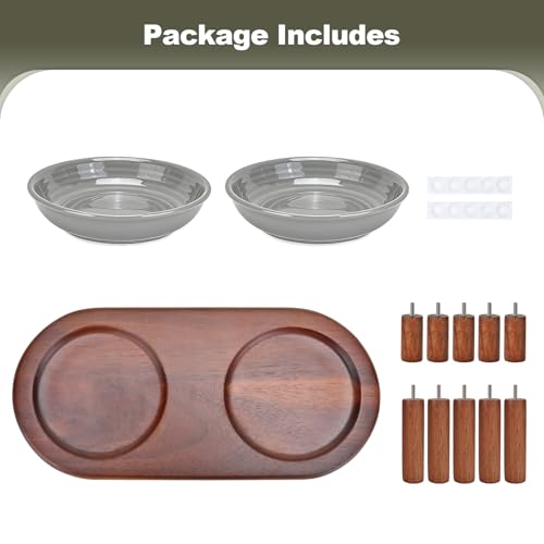 SPUNKYJUNKY Shallow Elevated Cat Bowl with Acacia Wood Stand Wide Raised Ceramic Cat Dishes Whisker Friendly Pet Food and Water Plates (Striped Pattern, Gray) - color: Gray