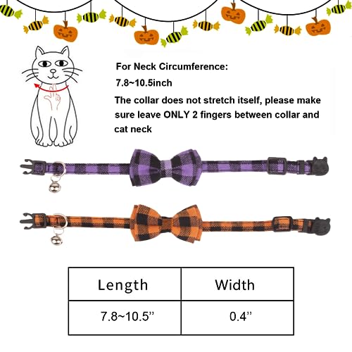 ADOGGYGO Halloween Cat Collars Breakaway with Removable Bowtie Bell, 2 Pack Orange Purple Plaid Halloween Bow Collar for Cats Kittens - color: Orange&Purple-1