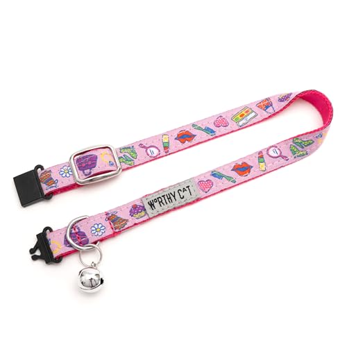 THE WORTHY DOG Patterned Fashionista Cat Collar with Bell, Adjustable Nylon Safety Collar, Pink, One Size - color: Pink-Fashionista