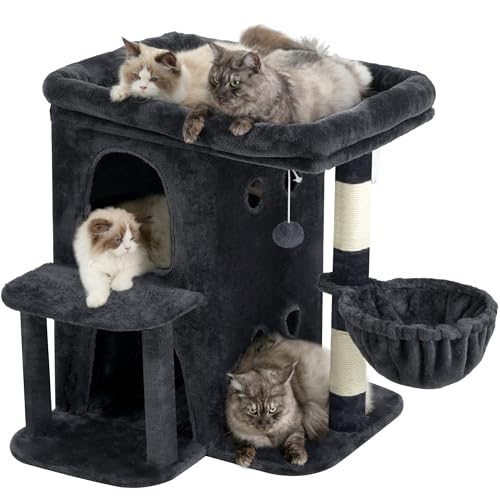 Heybly Cat Tree, 26.3-inch Cat Tower with Spacious Top Perch for Large Cats, Stair-Style Cat House Furniture with Dual-Layer Condos, Sisal Scratching Posts, Cozy Basket & Pompom, Smoky Gray HCT204SG - color: Smoky Gray, size: 26.3 inch