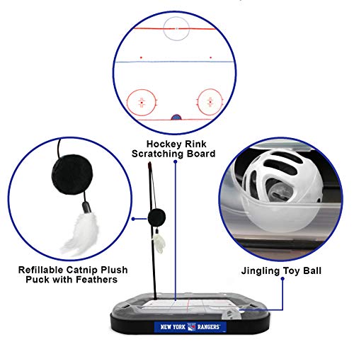 Pets First NHL New York Rangers Hockey Field Cat Scratcher Toy with Interactive Cat Ball Bell in Tracks - 5-in-1 Toy - color: New York Rangers